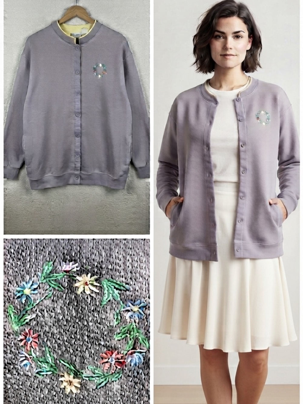 Vintage Soft Lavender Embroidered Daisy Chain Cardigan Pockets Pastel Grandma 1X